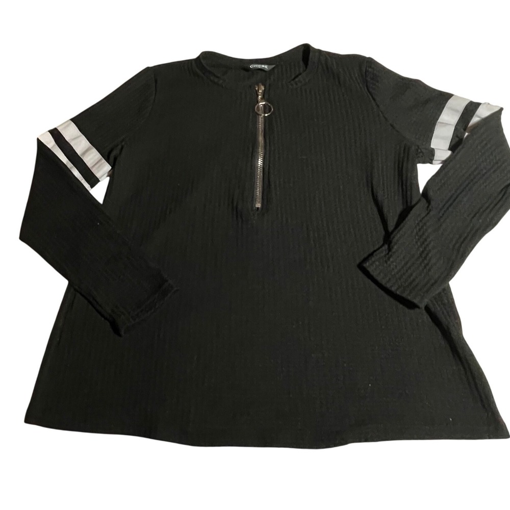 ChicMe Womens Black Ribbed Quarter Zip Ring‎ Pull Striped Long Sleeve Top Large